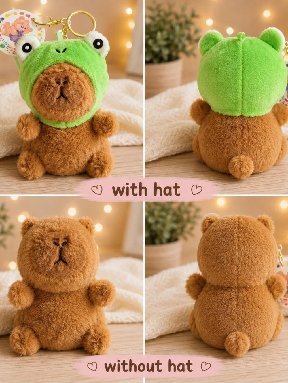 Plush Brown Capybara Keychain with Removable Green Frog Hat